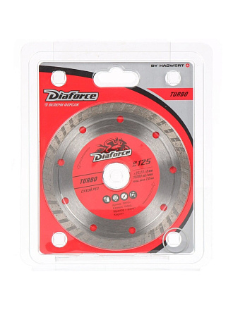 Диск отрезной алмазный по армированному бетону, Diaforce, Turbo, сплошной край, 125х22.23х2 мм, сухой рез, 501125