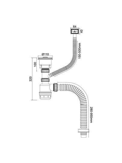 Сифон для мойки, 3" 1/2х40, полипропилен, с выпуском, универсальный перелив, Orio, Nordform, Д-11052У