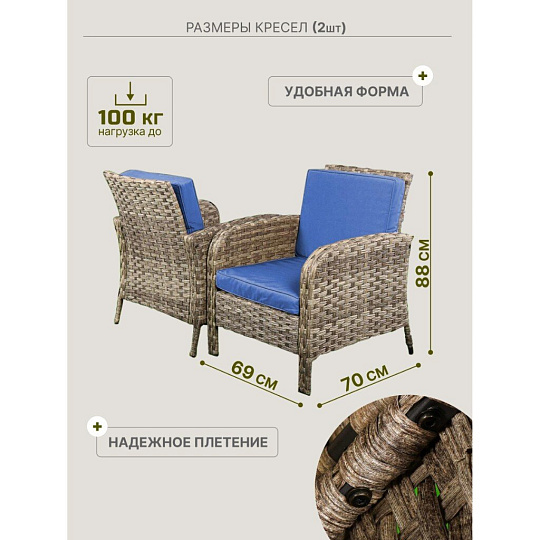 Мебель садовая Корсика, бежевая, стол, 124х73х65 см, 2 кресла, 1 диван, подушка, 150 кг, 2 пуфа, 124х88 см, C010015