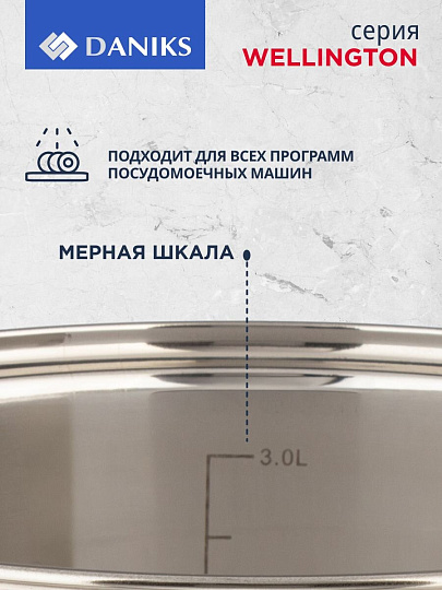 Кастрюля нержавеющая сталь, 3.8 л, крышка стекло, Daniks, Веллингтон, GS-01415-20CA, индукция