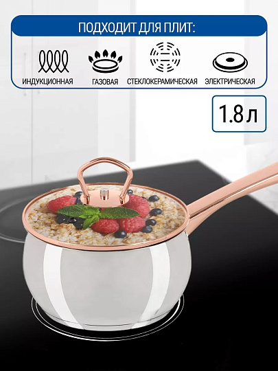 Ковш нержавеющая сталь, 1.8 л, крышка стекло, ручка нержавеющая сталь, индукция, Daniks, Карлин, GS-01332G-16S