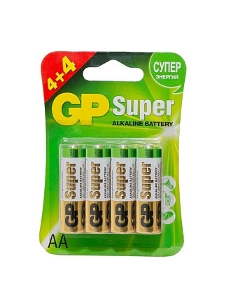 Батарейка GP, АА (LR6, 15A), Alkaline Super, щелочная, 1.5 В, блистер, 8 шт, 15A4/4-2CR8, 17027