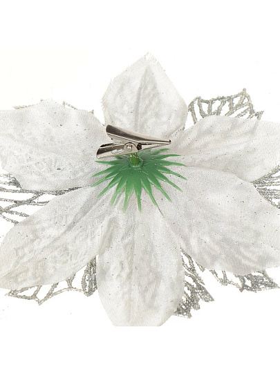 Елочное украшение Пуансеттия, серебро, 16 см, на прищепке, Y4-3002