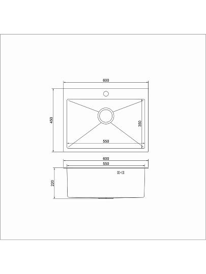 Мойка кухонная врезная, Mixline, Pro, нержавеющая сталь, 600х450х220 мм, 3 мм, выпуск 3 1/2, с сифоном, сатин