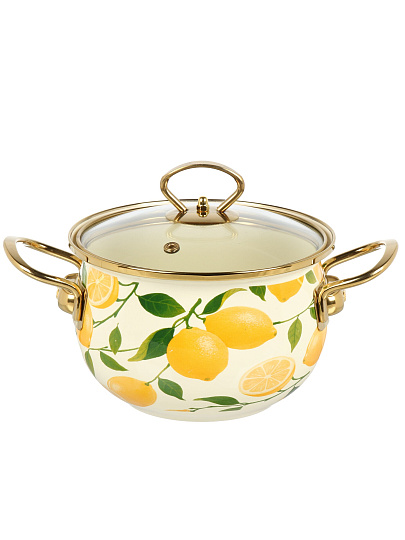Кастрюля эмалированная сталь, 2 л, крышка стекло, Daniks, Лимоны, индукция