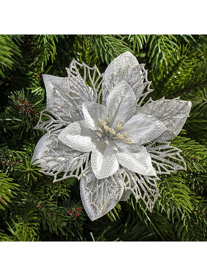 Елочное украшение Пуансеттия, серебро, 16 см, на прищепке, набор 5 шт, Y4-9820МП