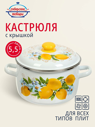 Кастрюля эмалированная сталь, 5.5 л, крышка сталь, сферический, Сибирские товары, Лимоны, 3MC221P, индукция