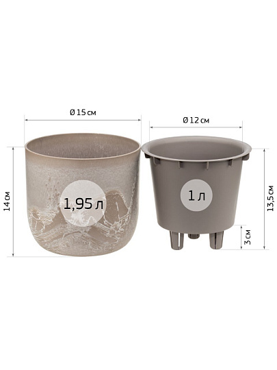 Кашпо пластик, 1 л, 15х15х14 см, универсальное, со вставкой, бежевый слайн, Idea, Микрит, М 3264