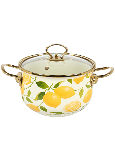 Кастрюля эмалированная сталь, 2.7 л, крышка стекло, Daniks, Лимоны, индукция