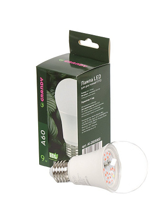 Лампочка светодиодная для растений, E27, 9 Вт, 220 В, IP40, A60, 60х118 мм, Grandy, FITO, AI-2605002