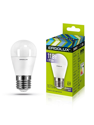 Лампа светодиодная E27, 11 Вт, 95 Вт, шар, 6500 К, холодный белый свет, Ergolux, 13632