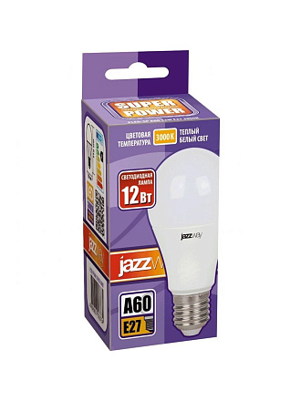 Лампа светодиодная E27, 12 Вт, груша, 3000 К, теплый белый свет, JazzWay, PLED- SP А60, 1033703