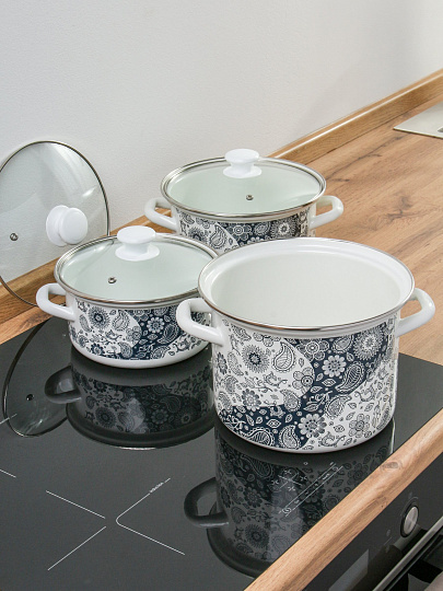 Набор посуды эмалированная сталь, 6 предметов, кастрюли 2.5, 3.7, 5 л, индукция, Керченский металлургический завод, День и ночь-5-1-Люкс, белый