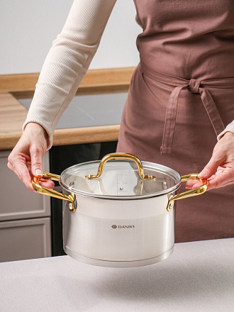 Кастрюля нерж, 3.9 л, с крыш, крыш стекло, Daniks, Лайнс, индукц, SD-072-20