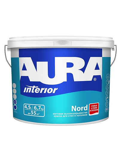 Краска водно-дисперсионная, Aura, Nord, акриловая, интерьерная, матовая, 4.5 л