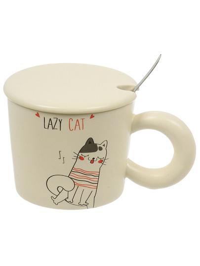 Кружка фарфор, 380 мл, Веселые коты, с крышкой, с ложкой, B060830