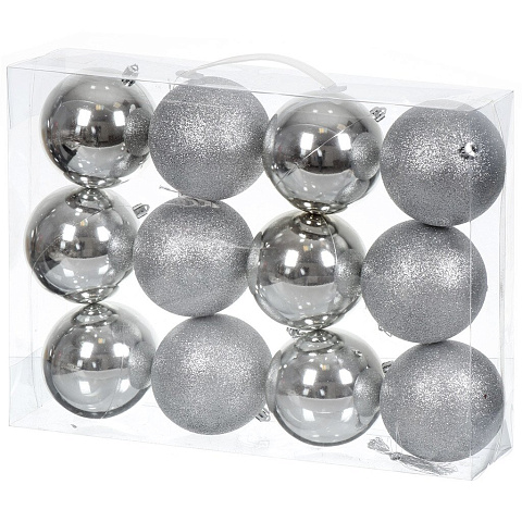 Елочный шар 12 шт, серебро, 10 см, пластик, SYQA-012147