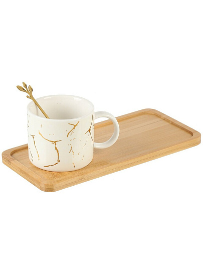 Чайная пара керамика, на 1 персону, 280 мл, Мрамор, с бамбуковым блюдцем и ложкой, Y4-9001, в ассортименте