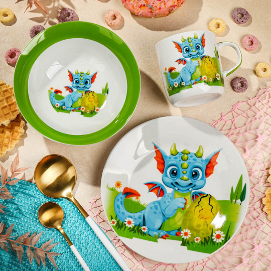 Набор посуды керамика, 3 шт, Дракоша, тарелка 17.5 см, салатник 15 см, кружка 230 мл, Daniks, C902