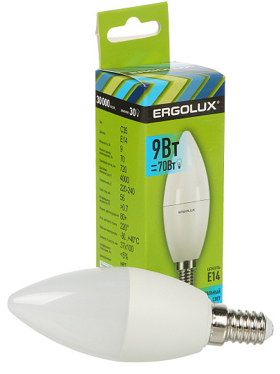 Лампа светодиодная E14, 9 Вт, 80 Вт, 220 В, свеча, 4000 К, нейтральный белый свет, Ergolux, 13168