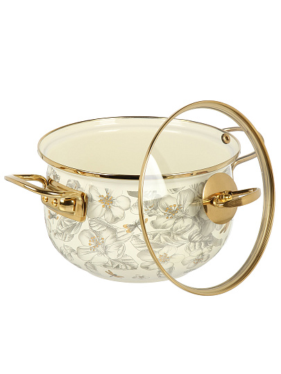 Кастрюля эмалированная сталь, 2.7 л, крышка стекло, Daniks, Цветущий сад, индукция