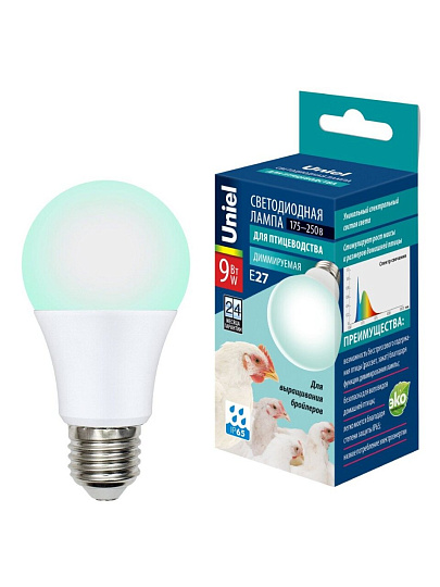 Лампочка светодиодная для бройлеров, E27, 9 Вт, 175-250 В, IP65, A60, SCBG, синий, зеленая, Uniel, PLO65WH, UL-00003190