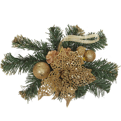 Елочное украшение Monte Christmas, Еловая ветвь, золотое, 18х28х6 см, с бантами и шарами, упаковка пакет, N9740088