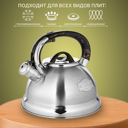 Чайник нержавеющая сталь, 3.3 л, со свистком, коричневая ручка, Hoffmann, индукция, НМ 5575-5