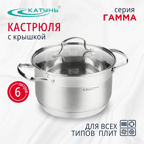 Кастрюля нержавеющая сталь, 6 л, крышка стекло, Катунь, Гамма, КТ20-D-24, индукция