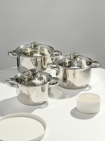 Набор посуды нержавеющая сталь, 6 предметов, кастрюли 1.9, 2.9, 3.9, DNN3, SD-A17-6