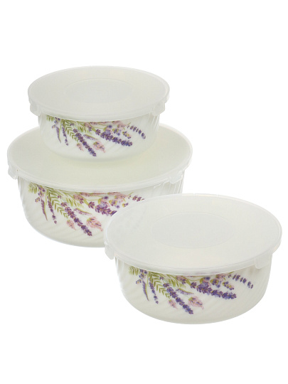 Салатник стеклокерамика, круглый, 3 шт, 9 см, 14, 16, 19 см, 0.5, 0.8, 1.4 л, с крышкой, Лаванда, Daniks, HDW3T-P