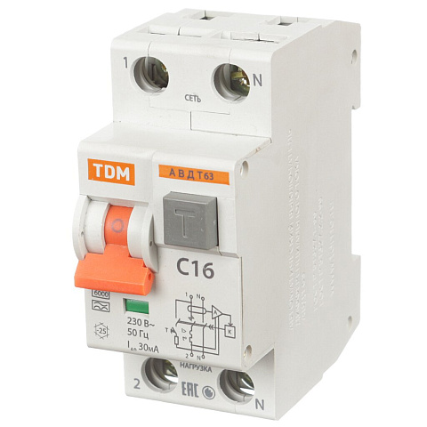 Дифференциальный автоматический выключатель TDM Electric, АВДТ 63, 16, С, 30 мА, SQ0202-0002