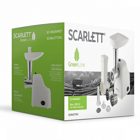 Мясорубка электрическая Scarlett, SC-MG45M07, 1800 Вт, реверс, 2 кг/мин, пластик, 4 насадки, для кеббе, сосисок, терки, шинковки
