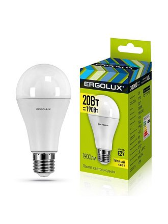 Лампа светодиодная E27, 20 Вт, 190 Вт, 220 В, груша, 3000 К, теплый белый свет, Ergolux, 13182