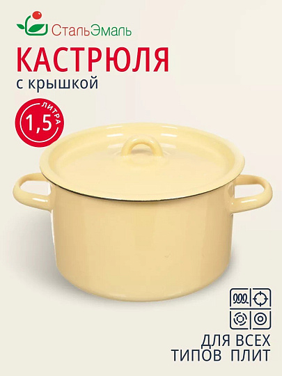 Кастрюля эмалированная сталь, 1.5 л, крышка сталь, СтальЭмаль, 2с15/1/ 6с15, в ассортименте, индукция