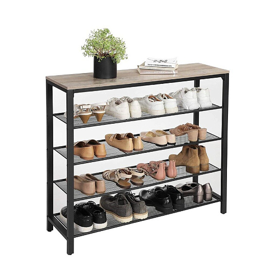 Полка для обуви, ДСП+сталь, 5 секций, 100х30х92.5 см, с сетчатыми полками, Лофт, LBS015B02
