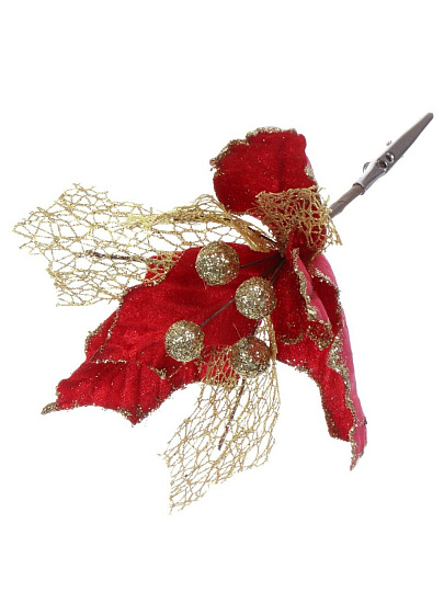 Цветок искусственный декоративный 16 см, на прищепке, красно-золотой, Пуансеттия, Y4-4171