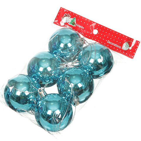 Елочный шар 6 шт, голубой, 6 см, пластик, блестящий, SY16-04