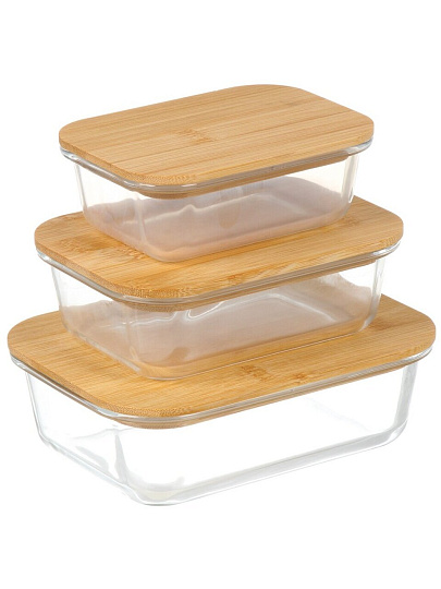 Контейнер пищевой стекло, 0.37, 0.64, 1.04 л, 3 шт, с бамбуковыми крышками, B150080