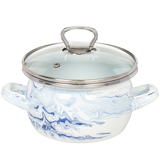 Кастрюля эмалированная сталь, 1.5 л, крышка стекло, сферический, Сантэкс, Шейк бело-синий, 1-2415111, индукция