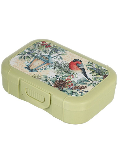 Набор посуды пластик, 0.85 л, 26.7х13х9.5 см, 2 шт, прямоугольный, ланч-бокс, стакан 420мл, с зеленой крышкой, с декором, Снегири