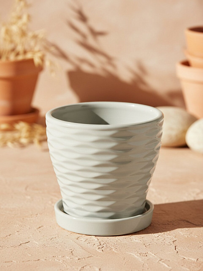 Горшок керамика, 0.55 л, 11х11х10.5 см, с подставкой, серый, Эллипс, Fdtc3