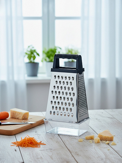 Терка 4 грани, 12х9.6х20.8 см, сталь, рукоятка полипропилен, с контейнером, навеска, Никис, ТН-2ук, 116678, хром