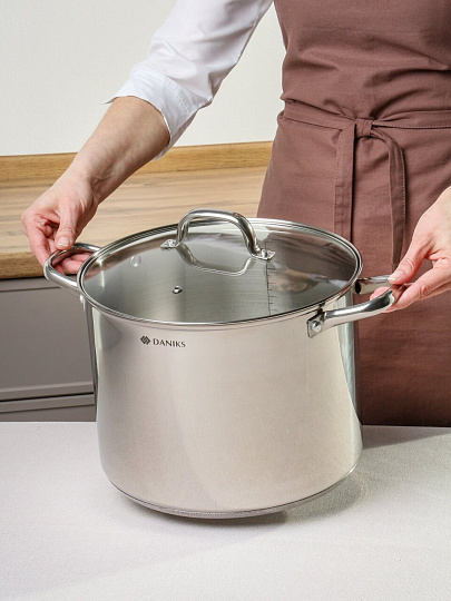 Кастрюля нержавеющая сталь, 16 л, крышка стекло, круглая, Daniks, WT-C470- ST30, индукция
