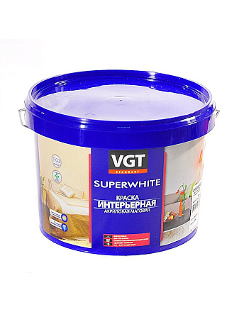 Краска водно-дисперсионная, VGT, акриловая, интерьерная, влагостойкая, матовая, супербелая, 3 кг