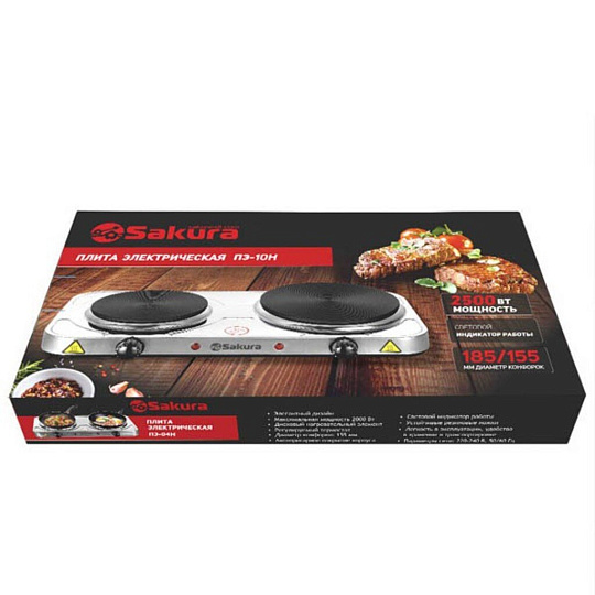 Плита электрическая Sakura, ПЭ-10Н, 2500 Вт, 2 конфорки, диск, чугун, механическая, переключатель поворотный, защита от перегрева, нержавеющая сталь