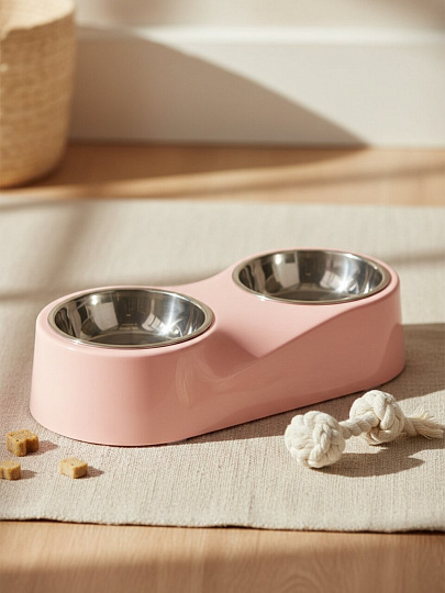 Миска для животных Y4-11417, металл, пластик, белый, розовый, двойная