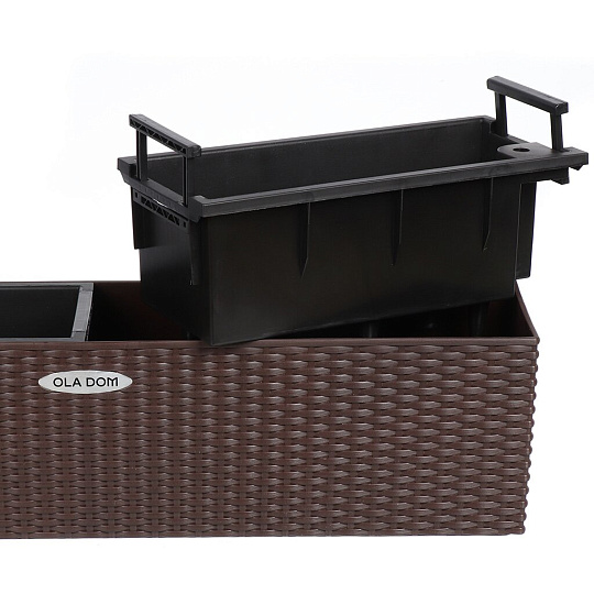 Кашпо пластик, 12 л, 79х19х19 см, автополив, для цветов, прямоугольное, коричневое, Ola Dom, Rattan