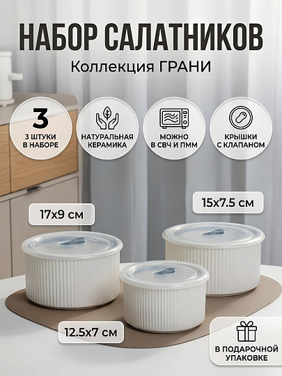 Набор салатников керамика, 3 шт, 17х9, 15х7.5, 12.5х7 см, с крышкой, Грани, Y4-9753, белый