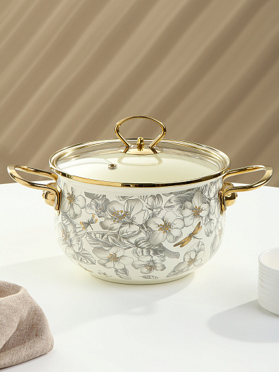 Кастрюля эмалированная сталь, 2.7 л, крышка стекло, Daniks, Цветущий сад, индукция